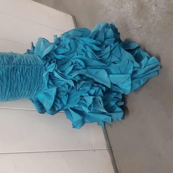 Alyce Designs AQUA Ruche Bodice Strapless Mermaid Dress Maxi Gown Slit Ruffles 4 - Picture 13 of 17